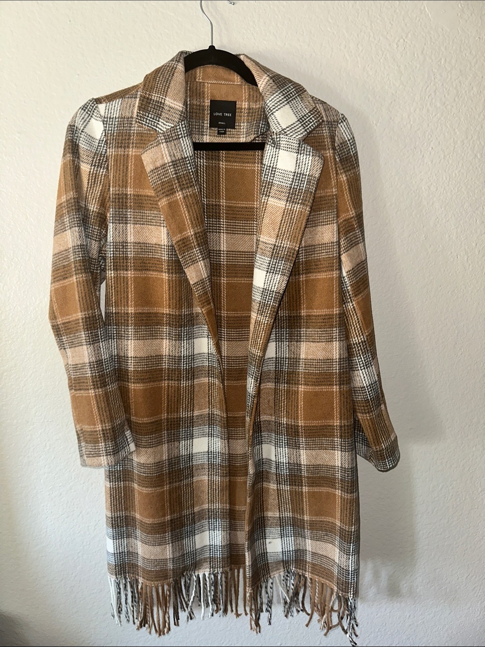 Love Tree Camel and White Plaid Fringe Open Front Cape